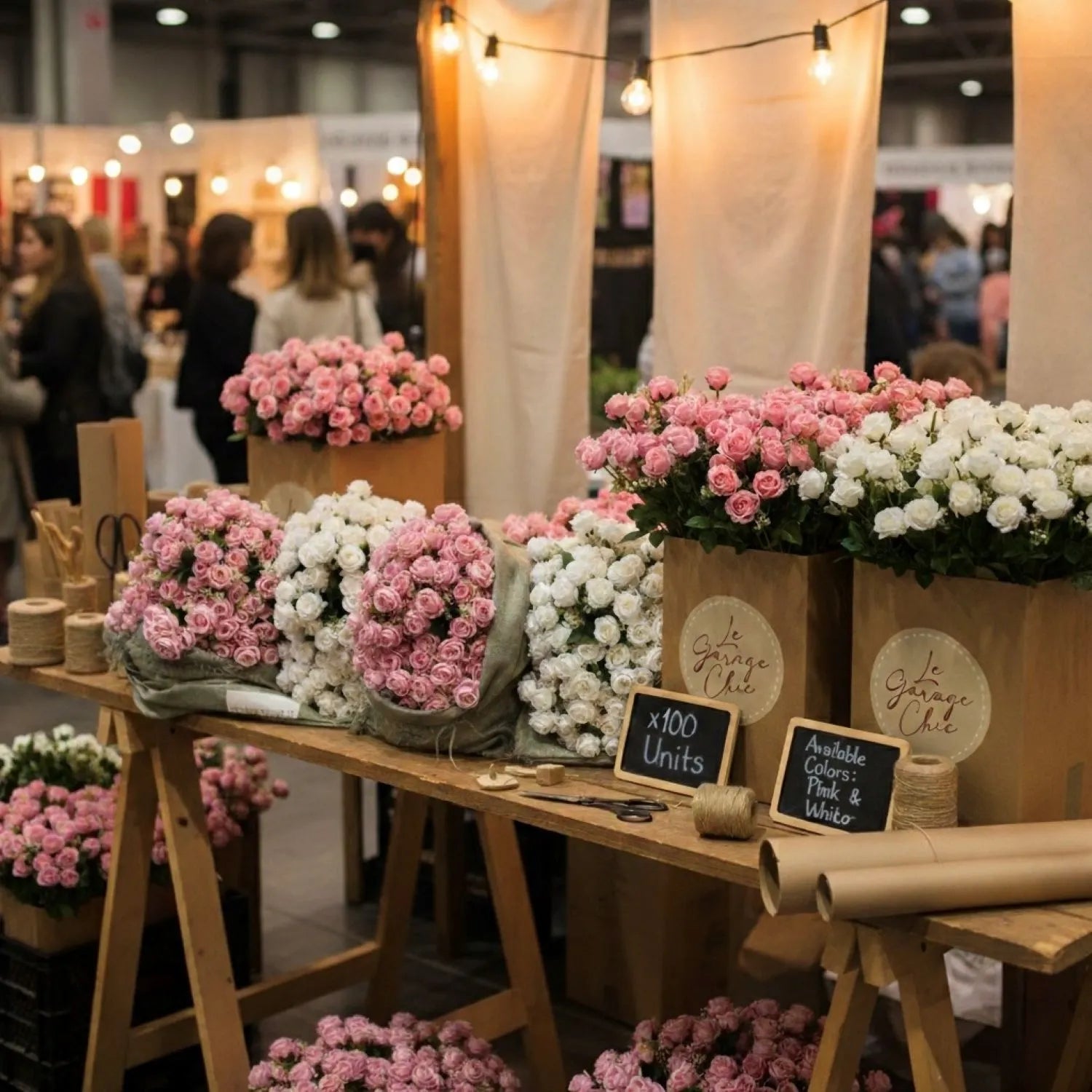 Floral arrangements on display at a market stall with people in the background.