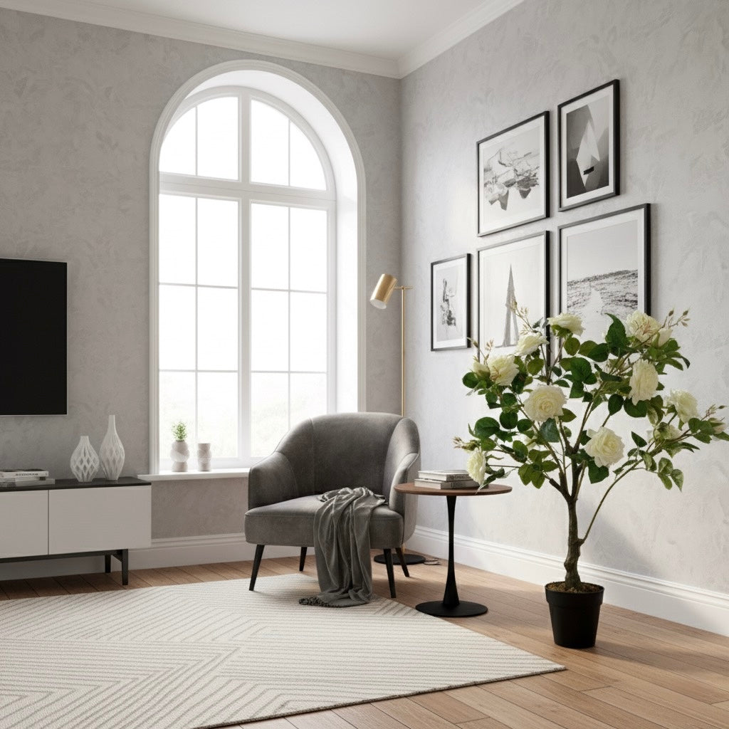 Modern living room with gray armchair, decorative plants, and framed art on a light gray wall.