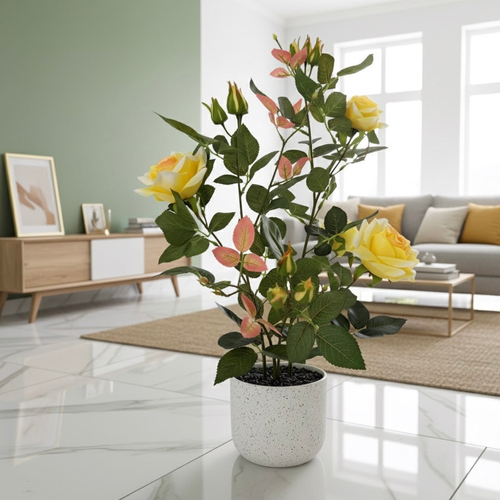 Potted plant with yellow flowers in a living room setting