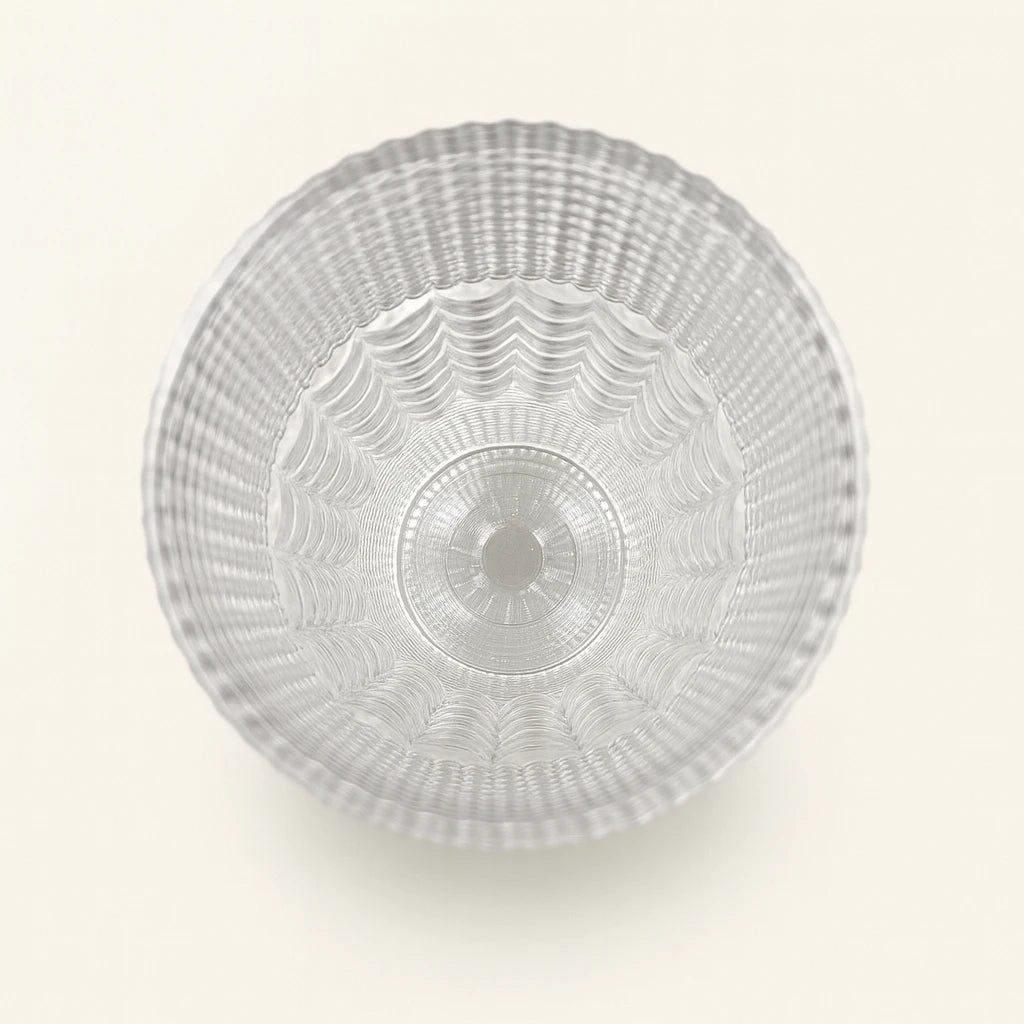 Clear glass bowl with textured design on a white background