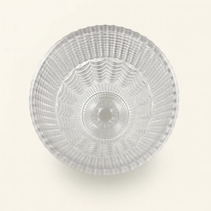 Clear glass bowl with textured design on a white background