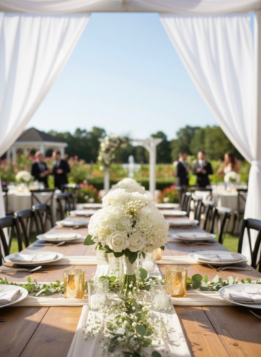 Outdoor wedding reception with white floral centerpieces on a wooden table.