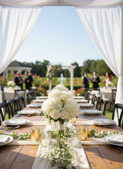 Outdoor wedding reception with white floral centerpieces on a wooden table.