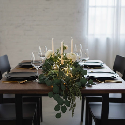 Dining table set with black plates, glasses, and a floral centerpiece.