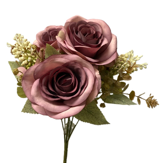 Bouquet of pink roses with green leaves on a white background