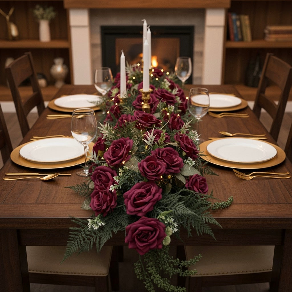 Dining table set with a floral centerpiece, candles, and gold cutlery in a cozy room.