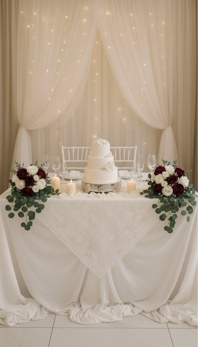 Wedding cake on a decorated table with flowers and fairy lights in the background