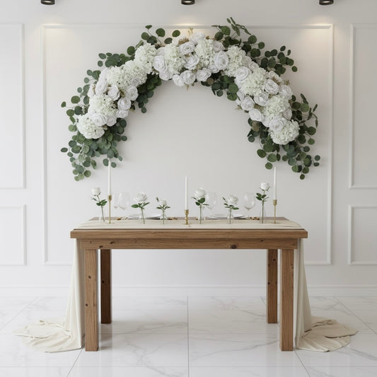 Wooden table with floral arch above it in a white room