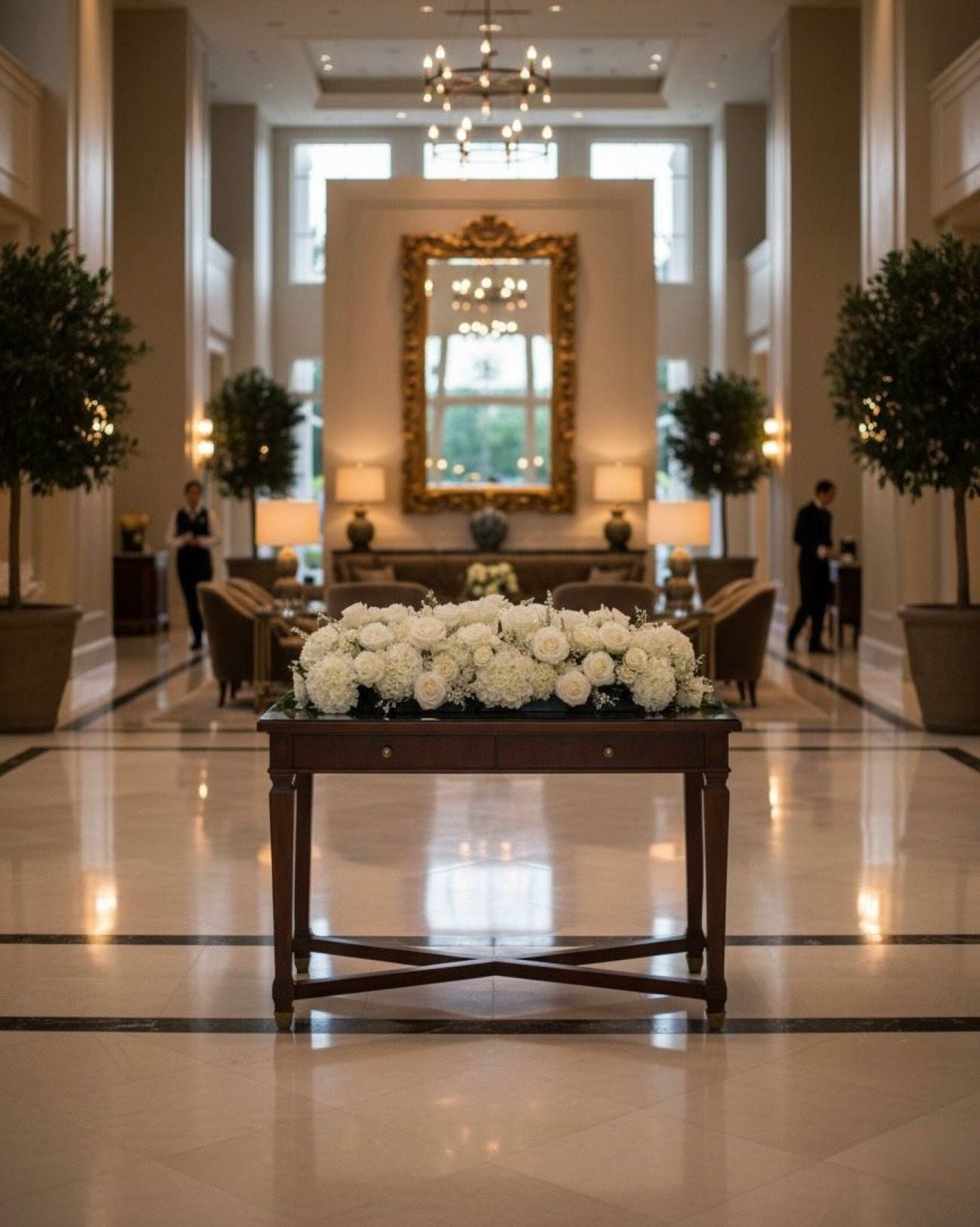 Luxurious hotel lobby with a table of white flowers and decorative mirror.