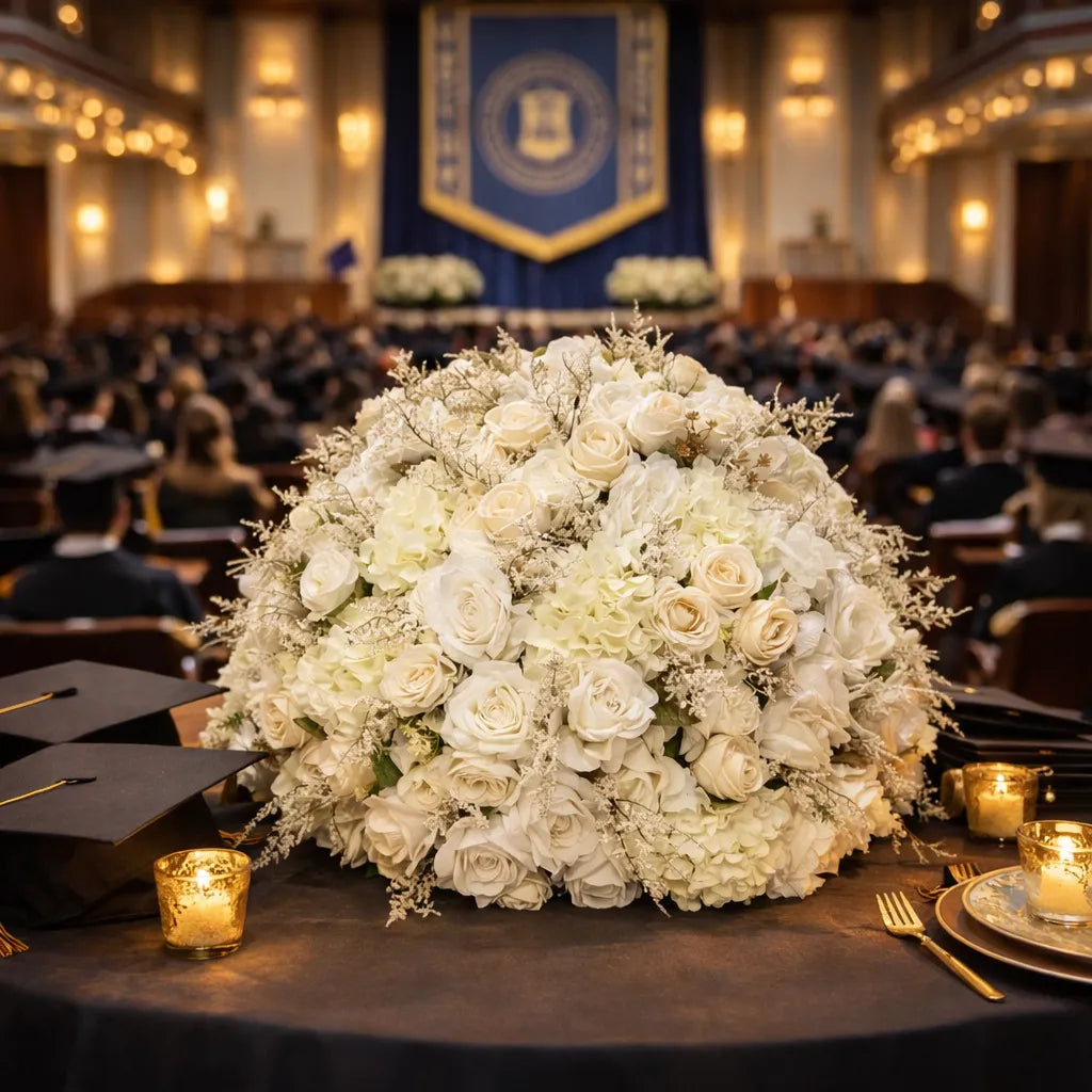 Large floral arrangement on a table with candles in a formal setting