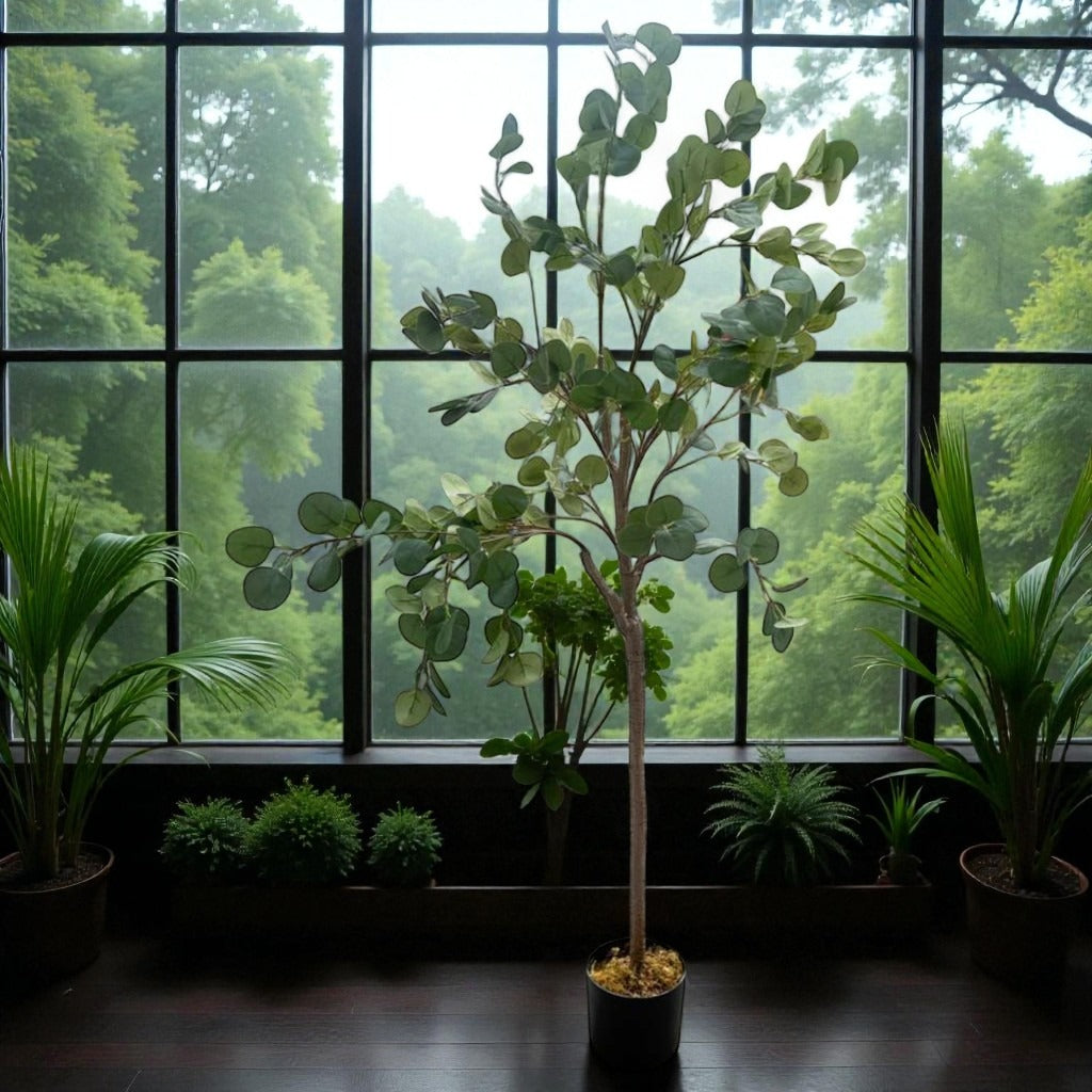 Potted plant in a room with large windows showing a forest view