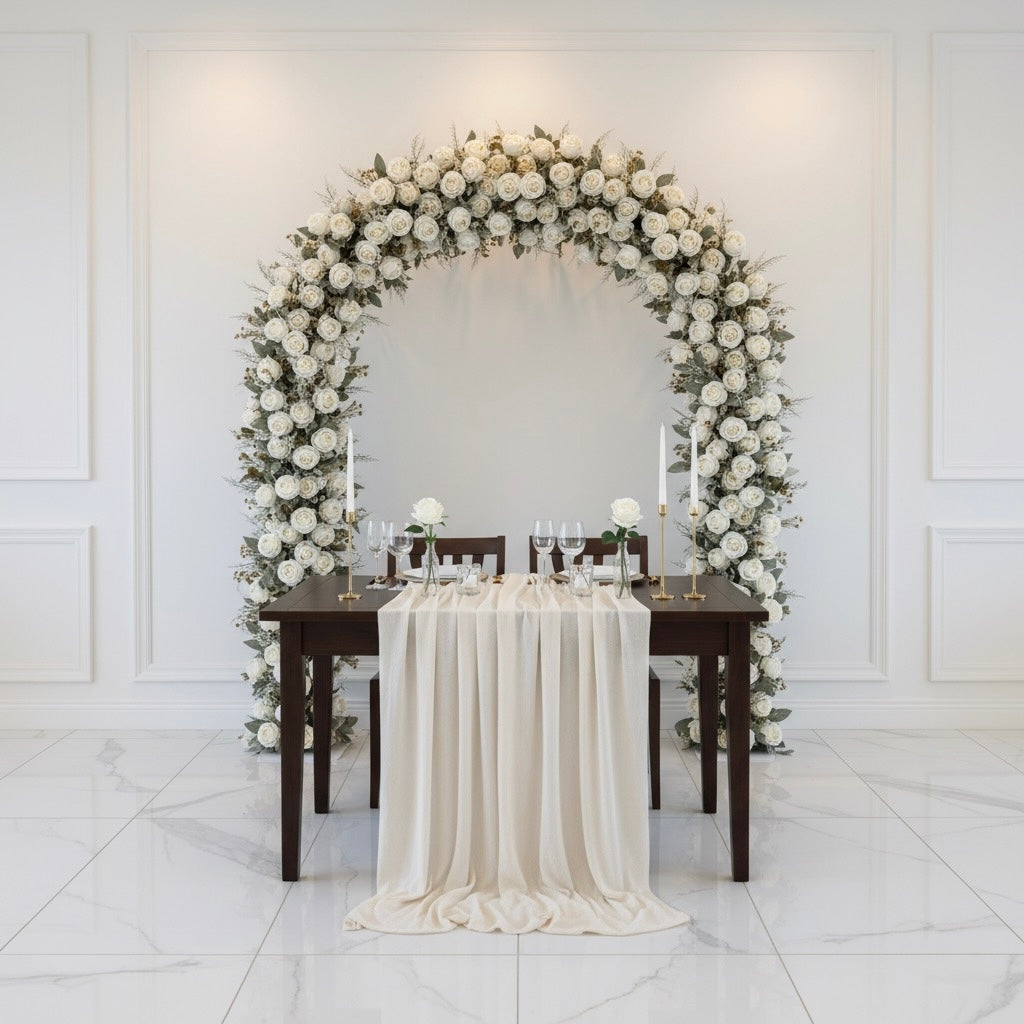 Decorative floral arch with a table set for a romantic dinner in a white room.