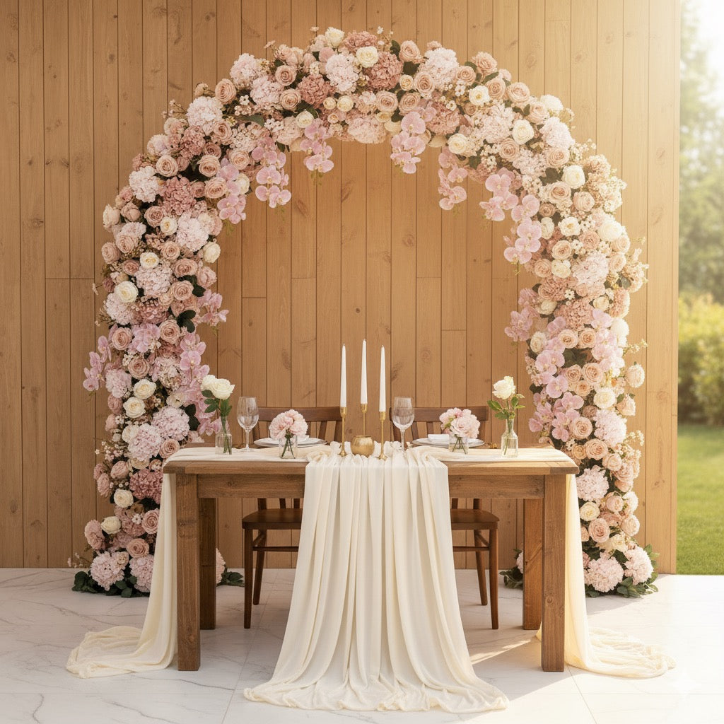 Floral archway with a wooden table and chairs set up for a wedding or special event.