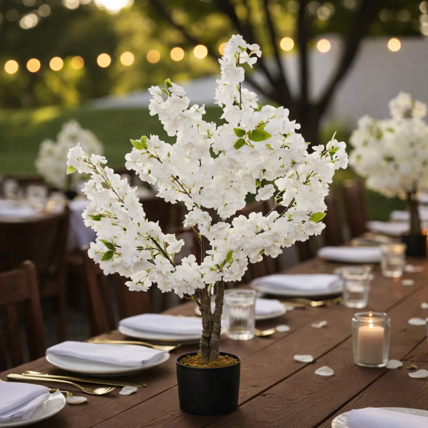 Decorative white floral arrangement on a wooden table with setting in an outdoor garden.