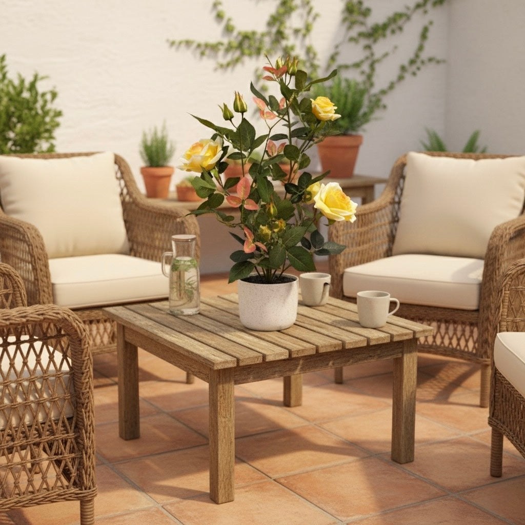 Outdoor patio set with wicker chairs, wooden table, and potted plants on a tiled patio.