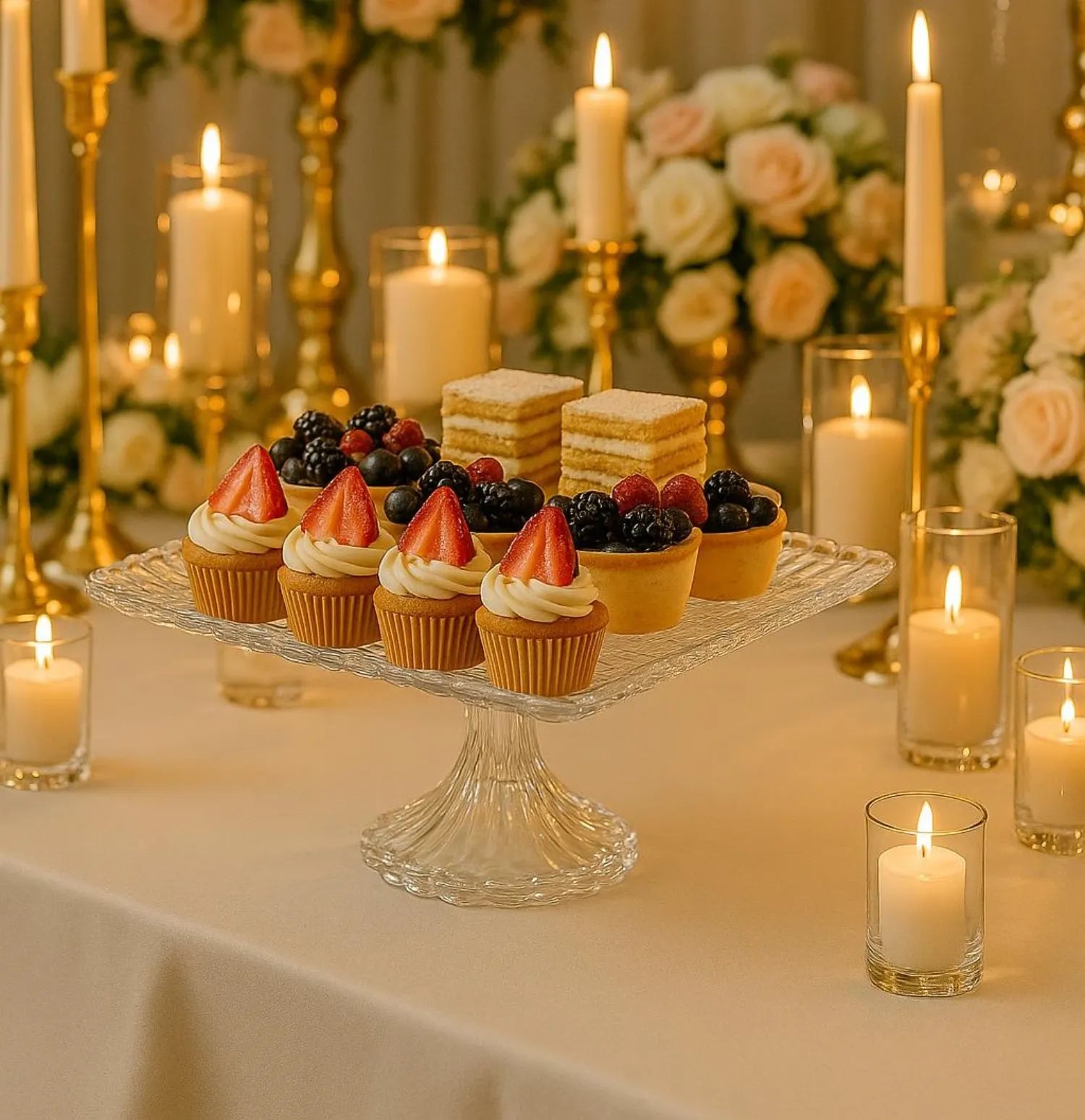 Decorative table setting with cupcakes, candles, and flowers