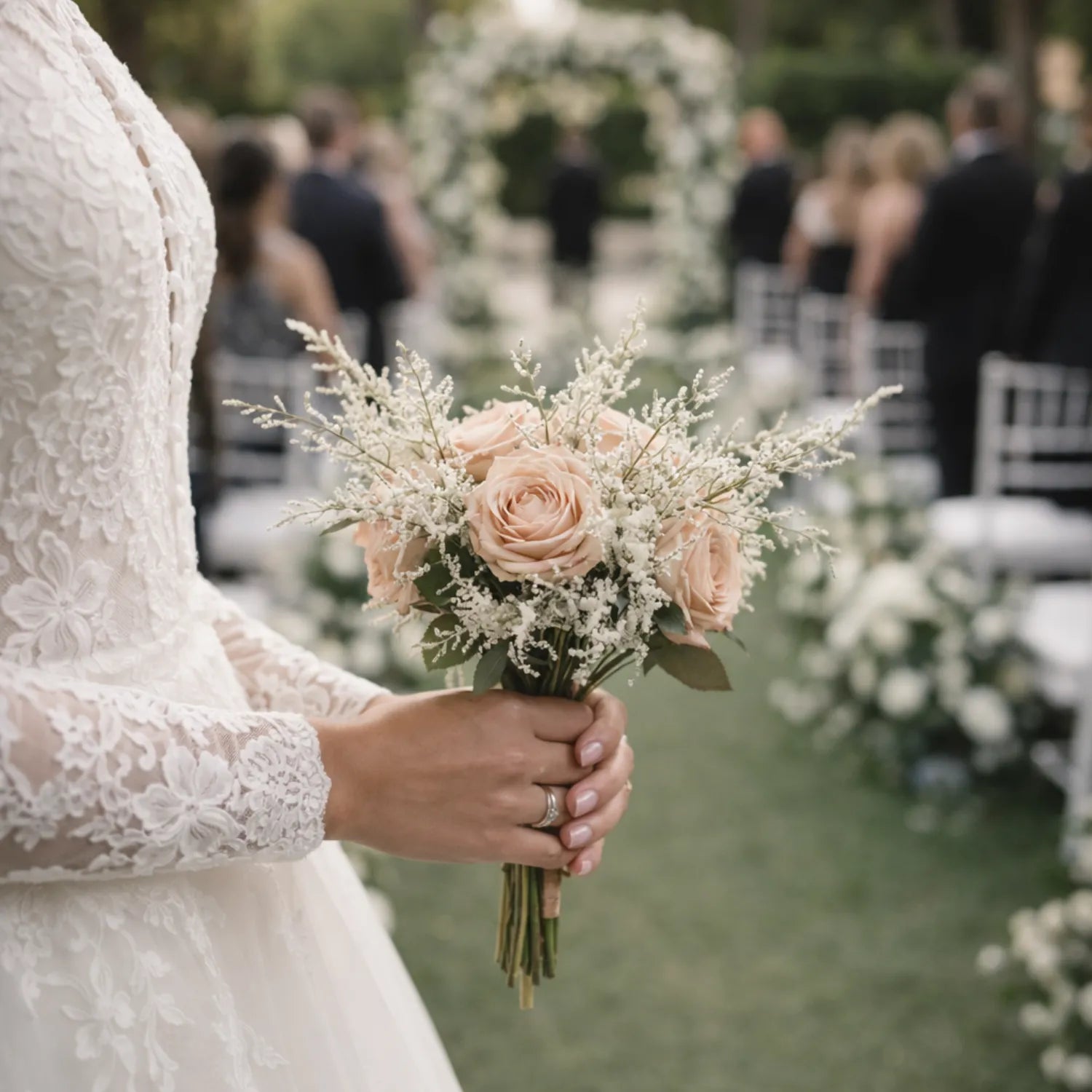 Bouquet of flowers held by a person in a wedding setting with chairs and decorations.