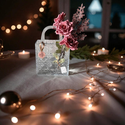 Decorative glass bag with flowers on a table with string lights