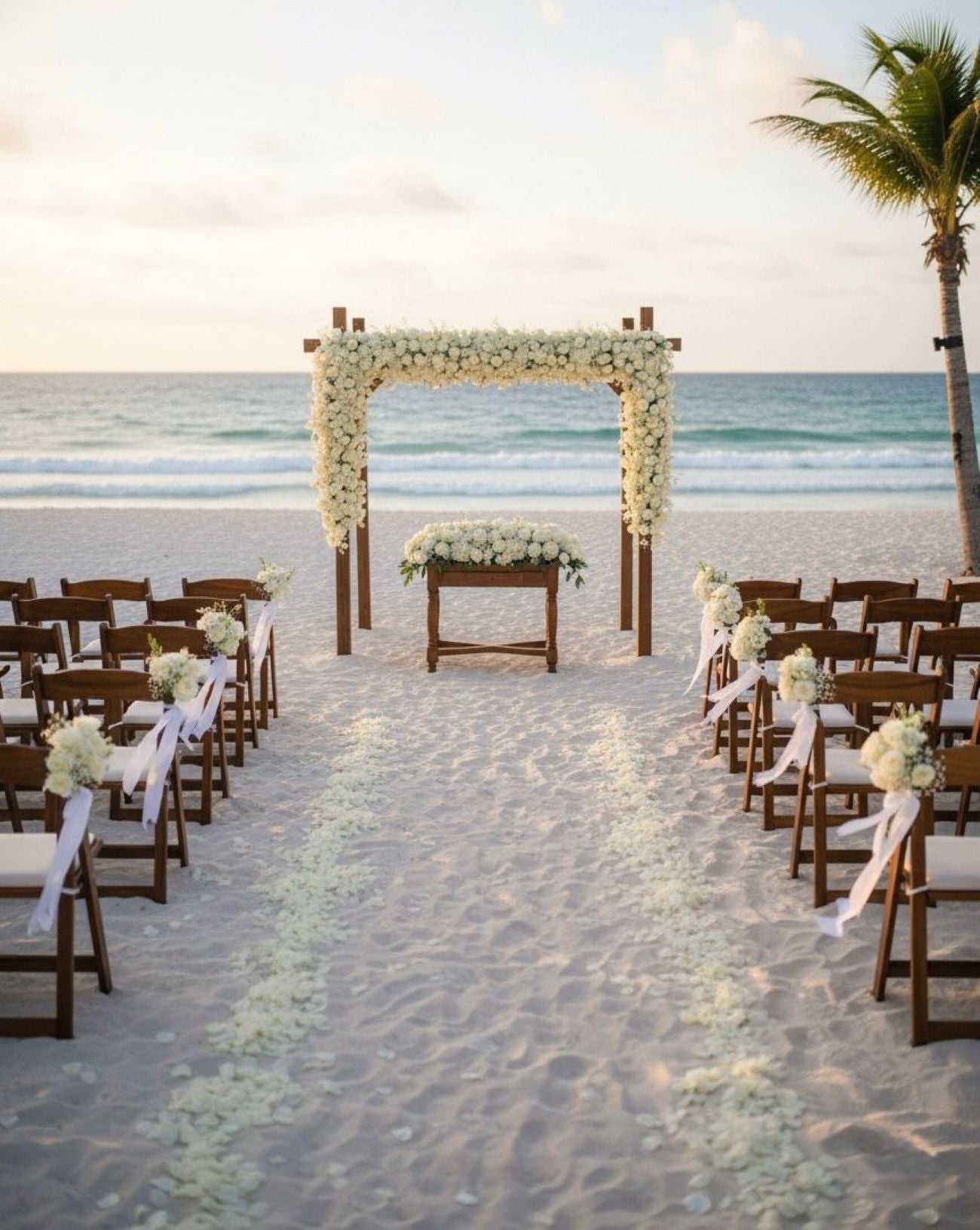 Beach wedding setup with floral arch and chairs decorated on a sandy beach.