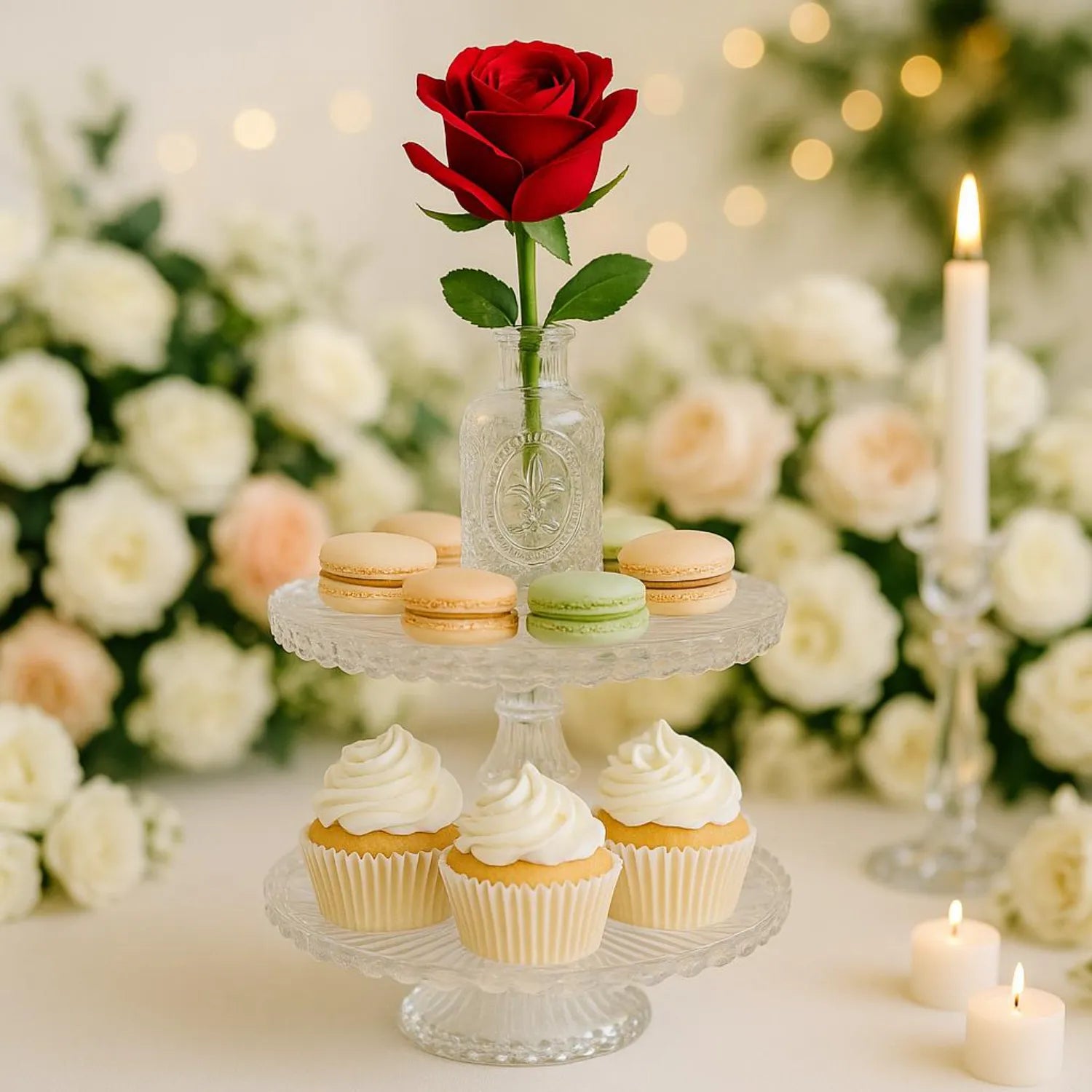 Decorative display with cupcakes, macarons, a red rose in a glass vase, and candles against a floral background.