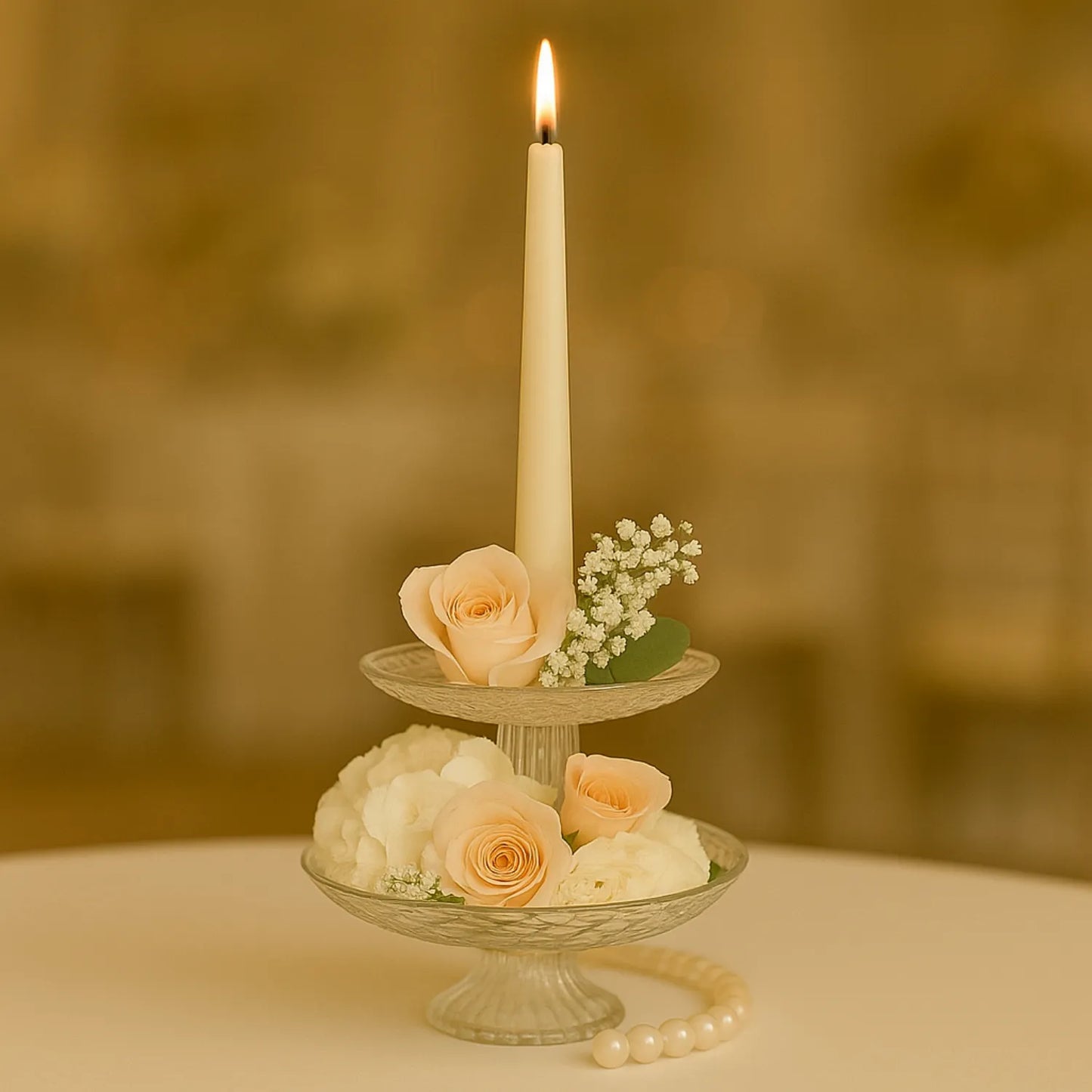 Decorative candle holder with flowers and a pearl necklace on a blurred background