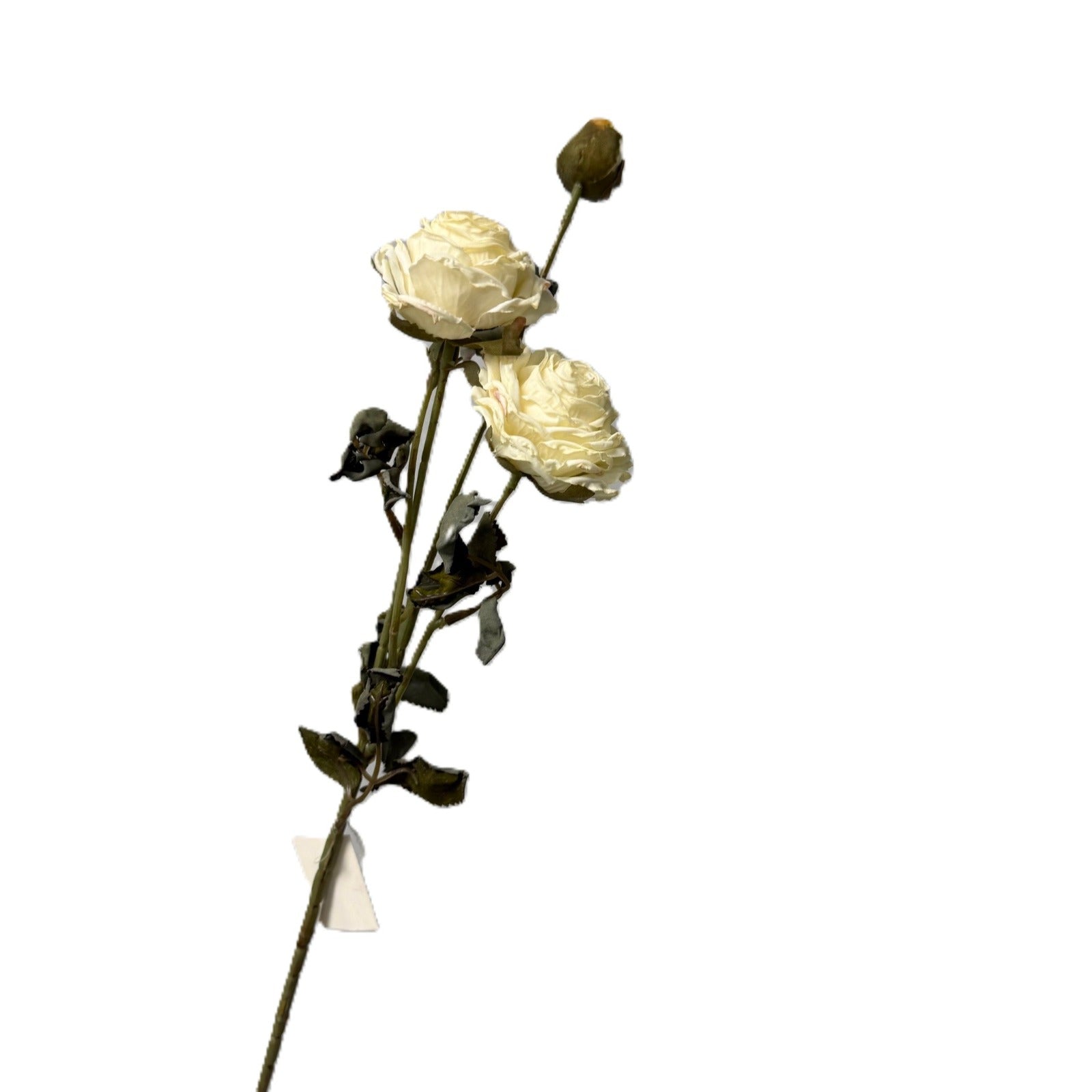 Decorative metal flower with two white floral heads on a white background