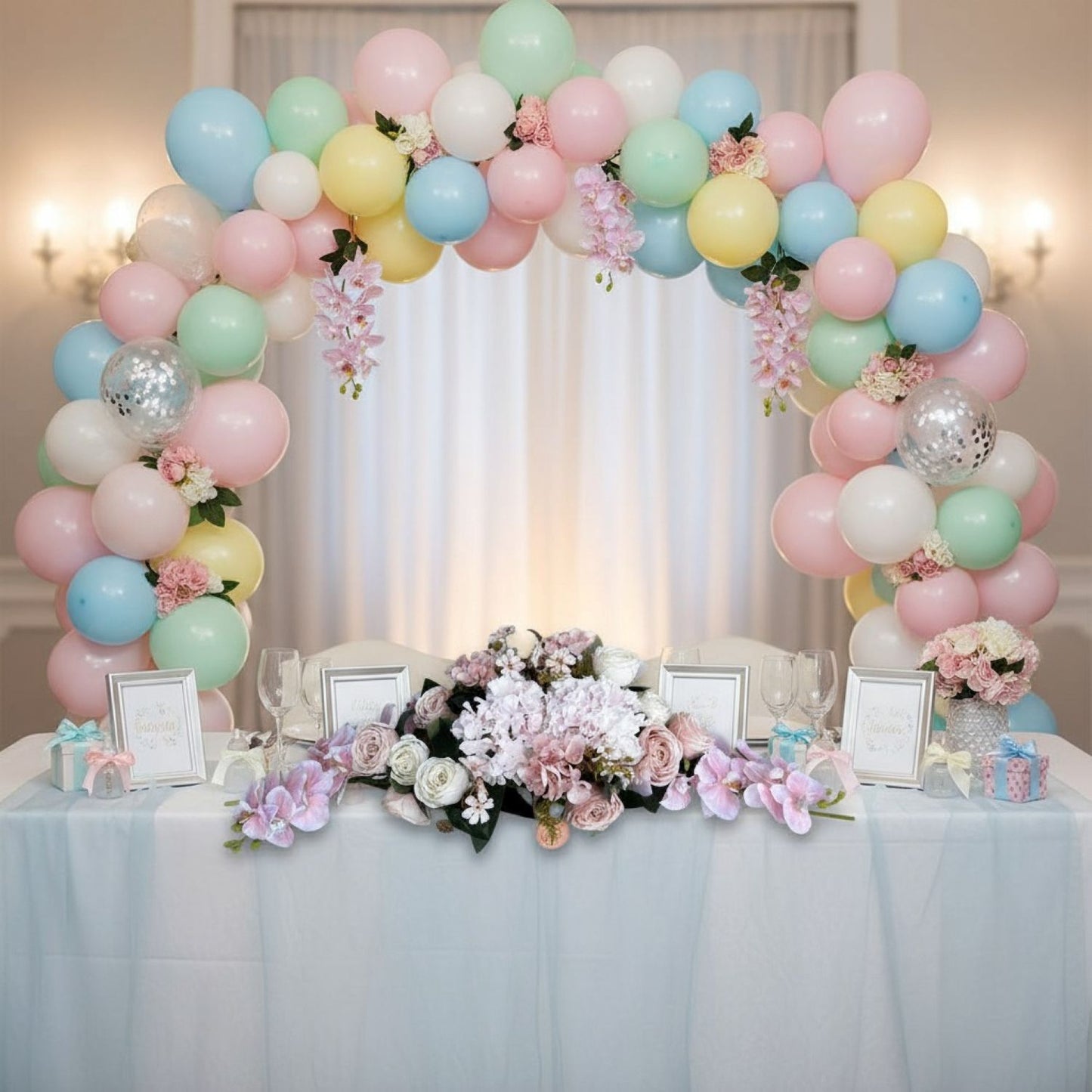 Decorative balloon arch with flowers over a table set for a celebration.