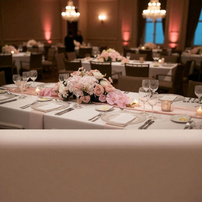 Decorated table with floral arrangements in a banquet hall.