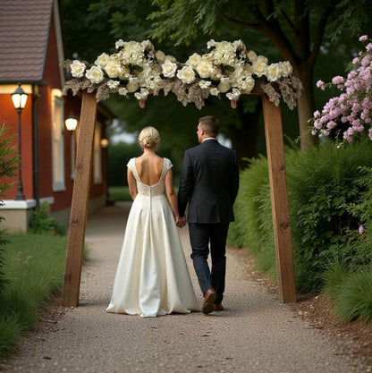 Couple walking under a floral archway on a path with a building and flowers in the background.