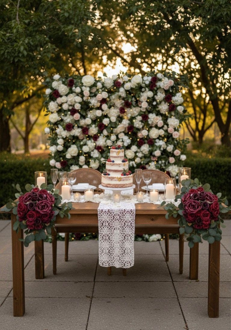 Decorated outdoor table with a wedding cake and floral arrangements.