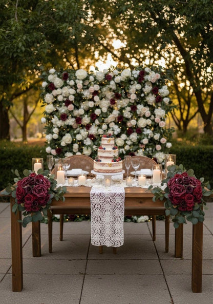 Decorated outdoor table with a wedding cake and floral arrangements.