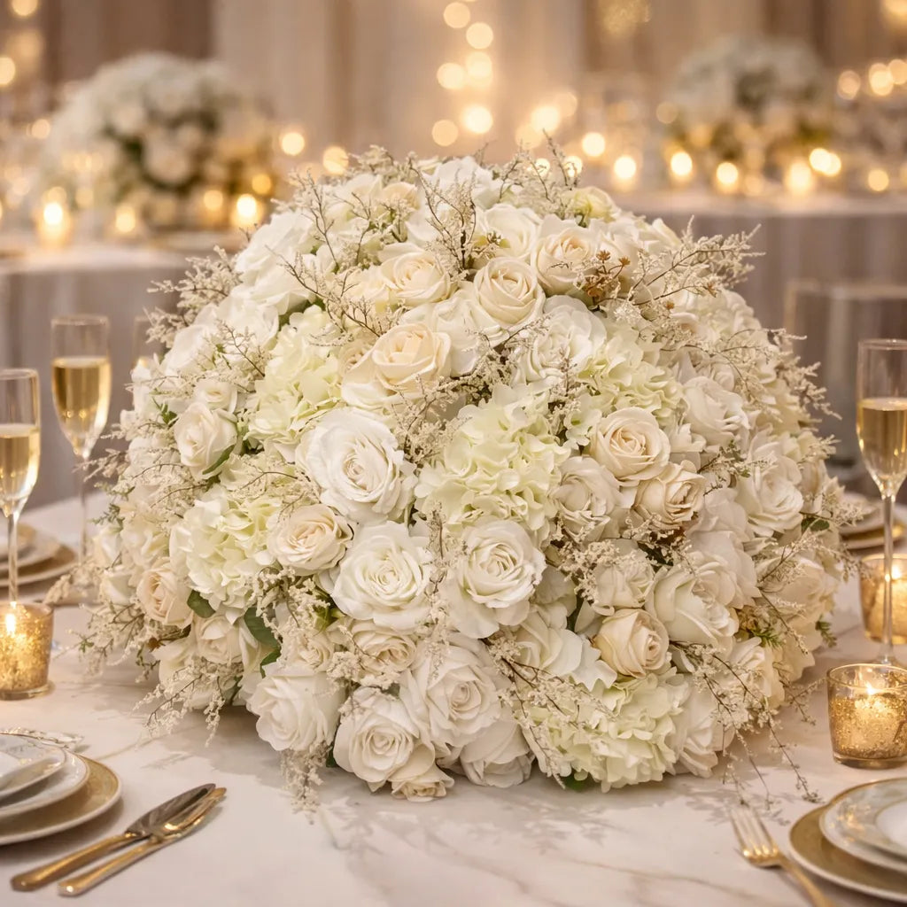 Large bouquet of white flowers on a table with candles and glasses