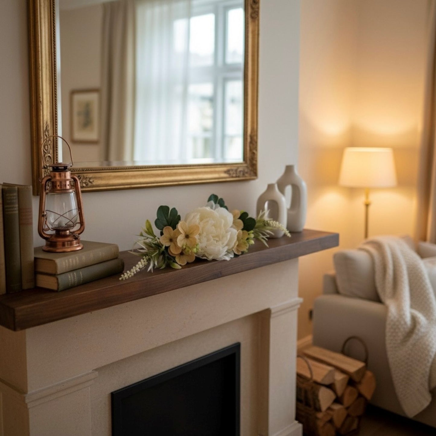 Decorative mantelpiece with books, lantern, flowers, and mirror above a fireplace.