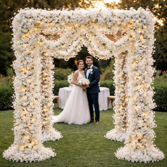 Wedding couple standing behind a floral archway with white flowers and string lights.