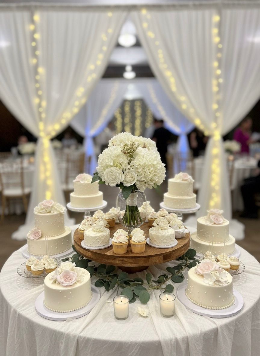 Decorative table with small white cakes and a centerpiece of white flowers, set against a draped backdrop with string lights.