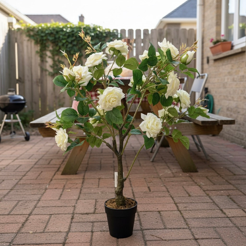 Potted artificial white flower plant on a patio with a wooden table and outdoor furniture in the background.