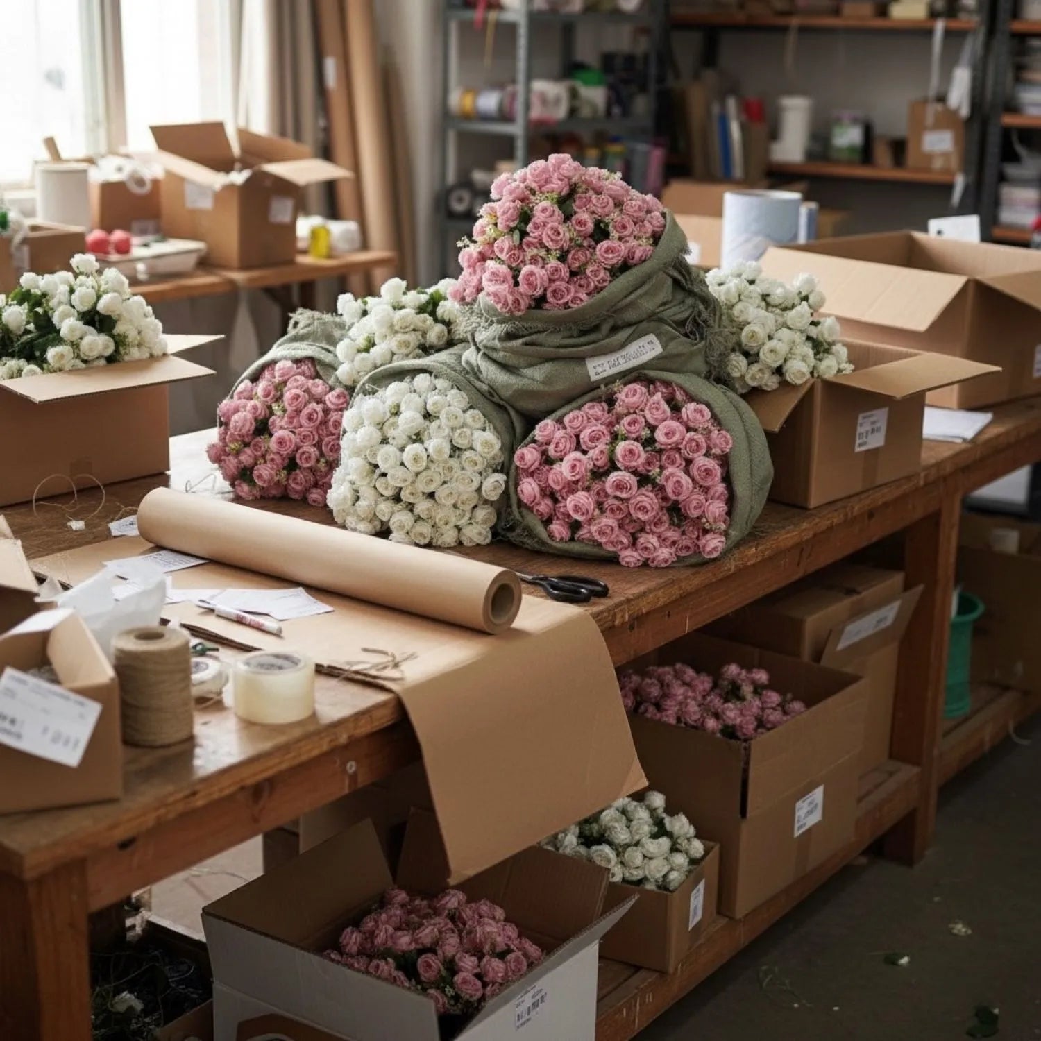 Floral arrangement workshop with flowers in boxes and on a table.